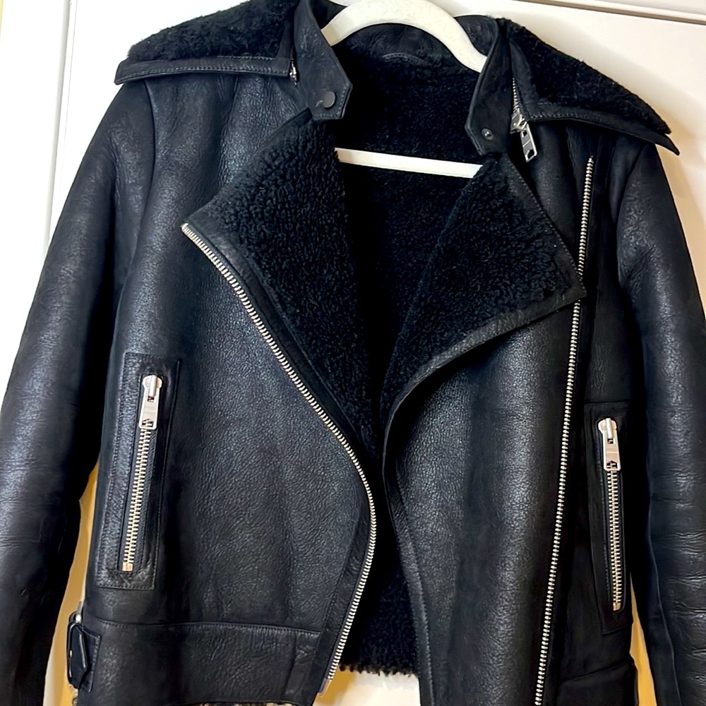 All Saints Black Shearling Leather Biker Jacket
